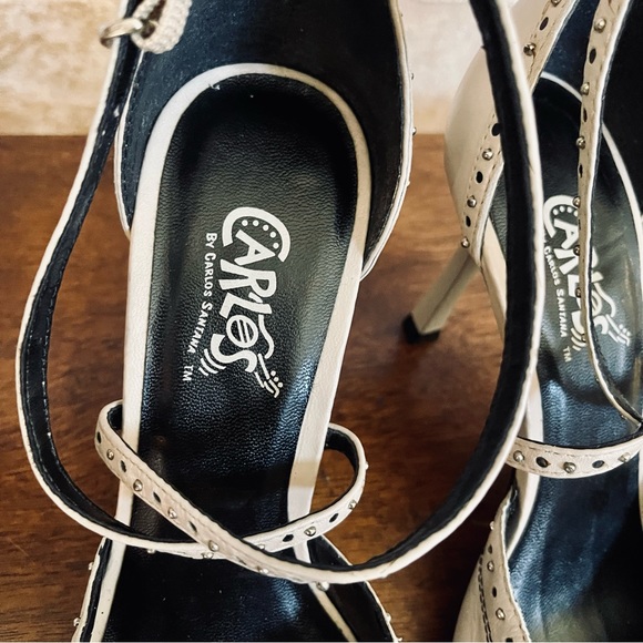 Carlos Santana Cream & Black Studded Open Toe Heel with Ankle Strap & Bow - Picture 7 of 10